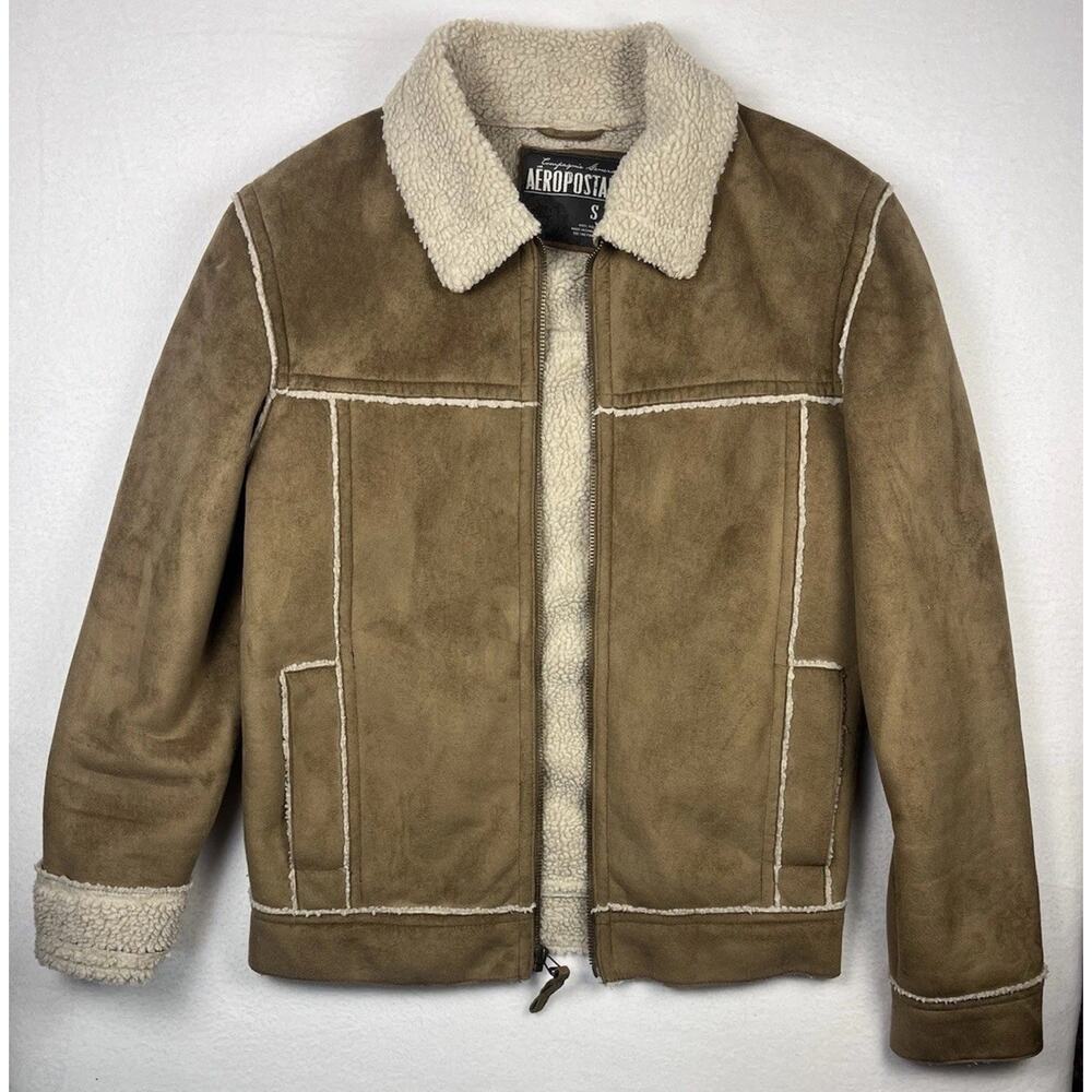Aeropostale Brown Sherpa Lined Faux Suede Jacket Men’s Small – Shearling Style